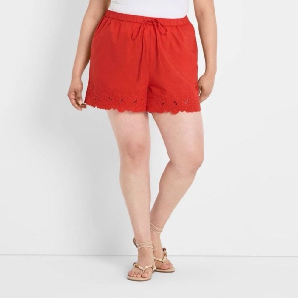 Future Collective - Women's High-Rise Eyelet Hem Poplin Pull-On Shorts Red